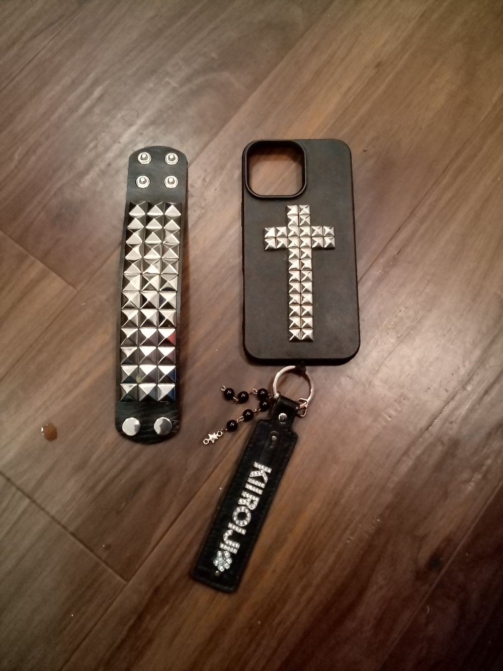 Black Pyramid-Stud Cross Phone Case with Matching Wrist Strap